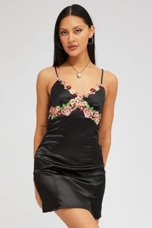 Black Slip Dress Satin Flower Embroidery Applique Double Layered Collar