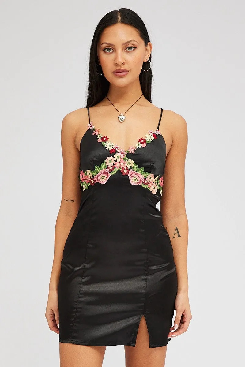 Boho Wear Black Slip Dress Satin Flower Embroidery Applique