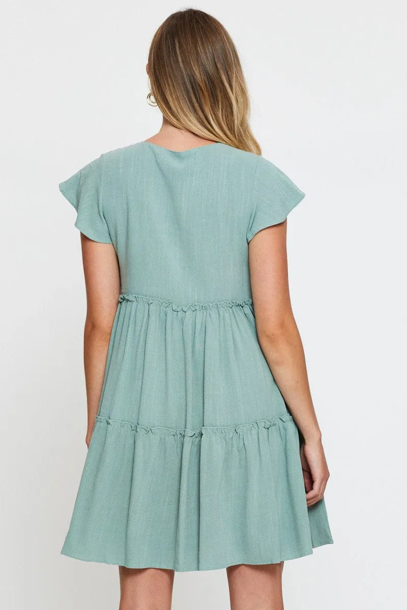 Green Mini Dress Short Sleeve Edge Warm Sophisticated short dress