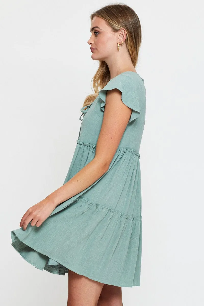 Green Mini Dress Short Sleeve Flash Beat Casual Style Wear