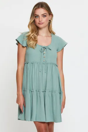 Stretch Fit Design Green Mini Dress Short Sleeve