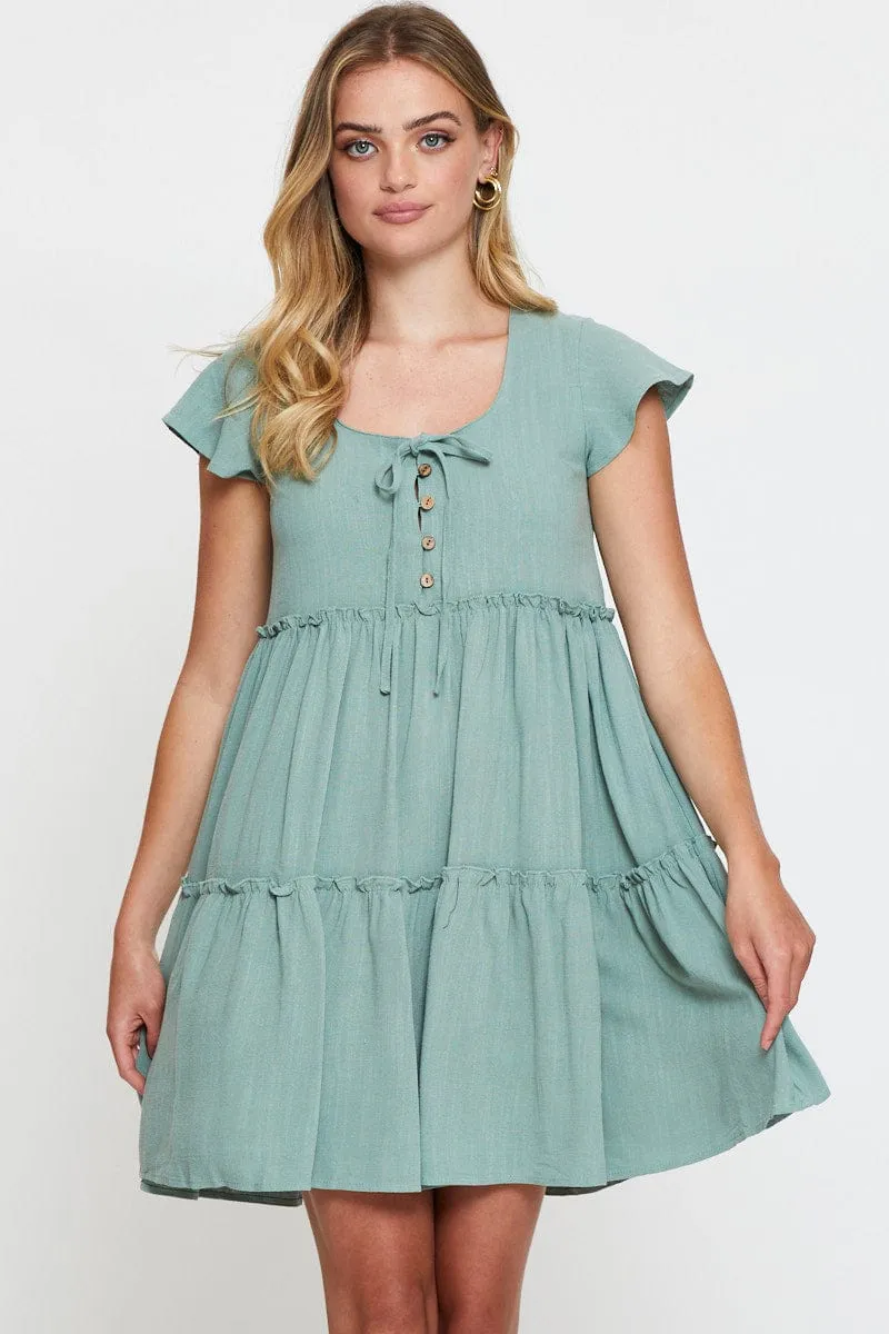 Boho Vibes Floral Pattern Green Mini Dress Short Sleeve