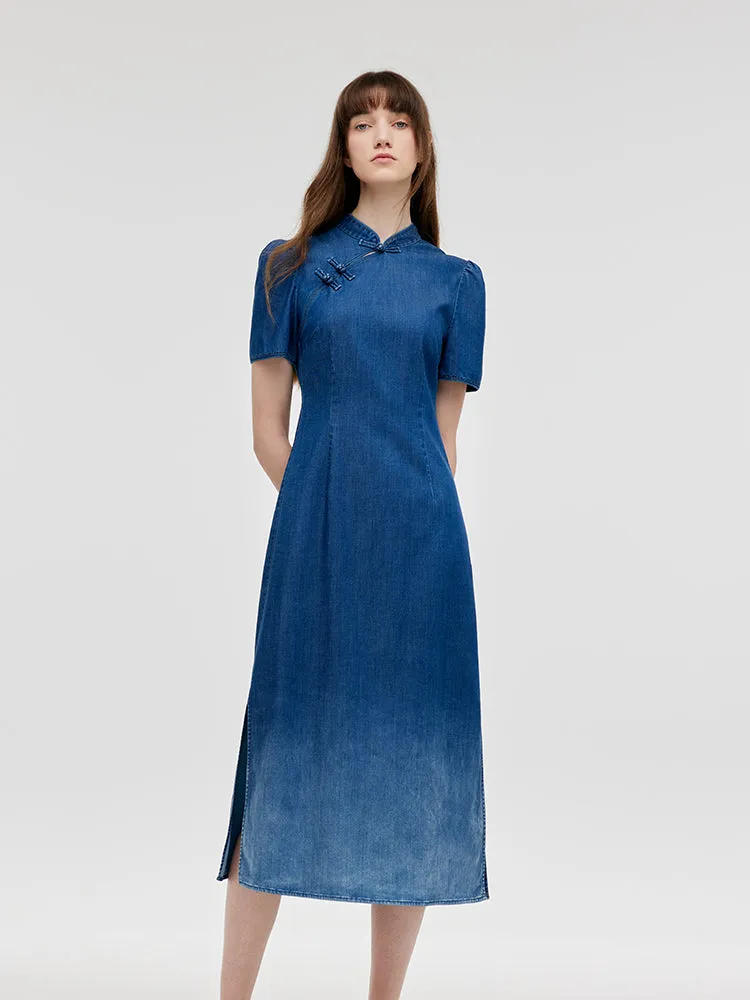 All Season Wear Smart Outfit Gradient Denim Women Qipao Midi Dress