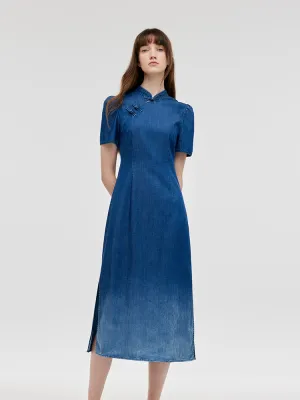 All Season Wear Smart Outfit Gradient Denim Women Qipao Midi Dress