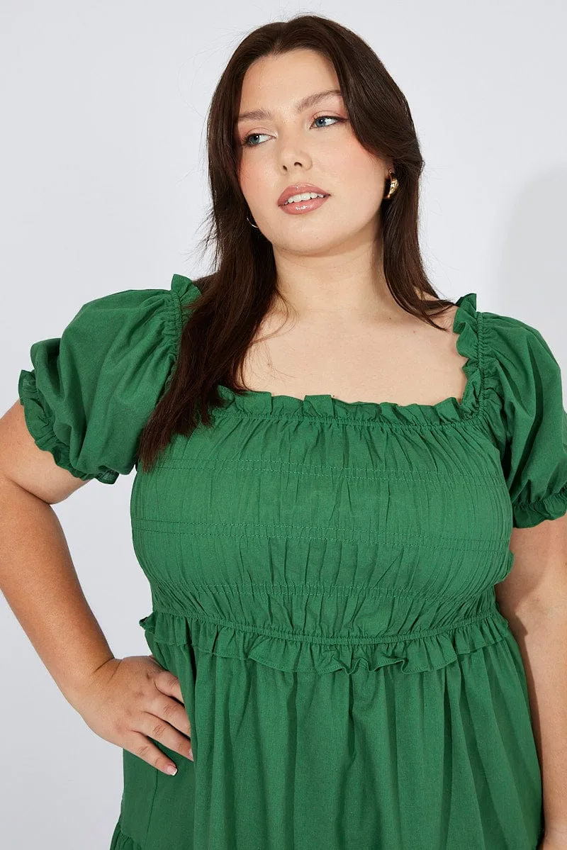 Simple and timeless piece Bold Dresser Green Midi Dress Short Sleeve Shirred
