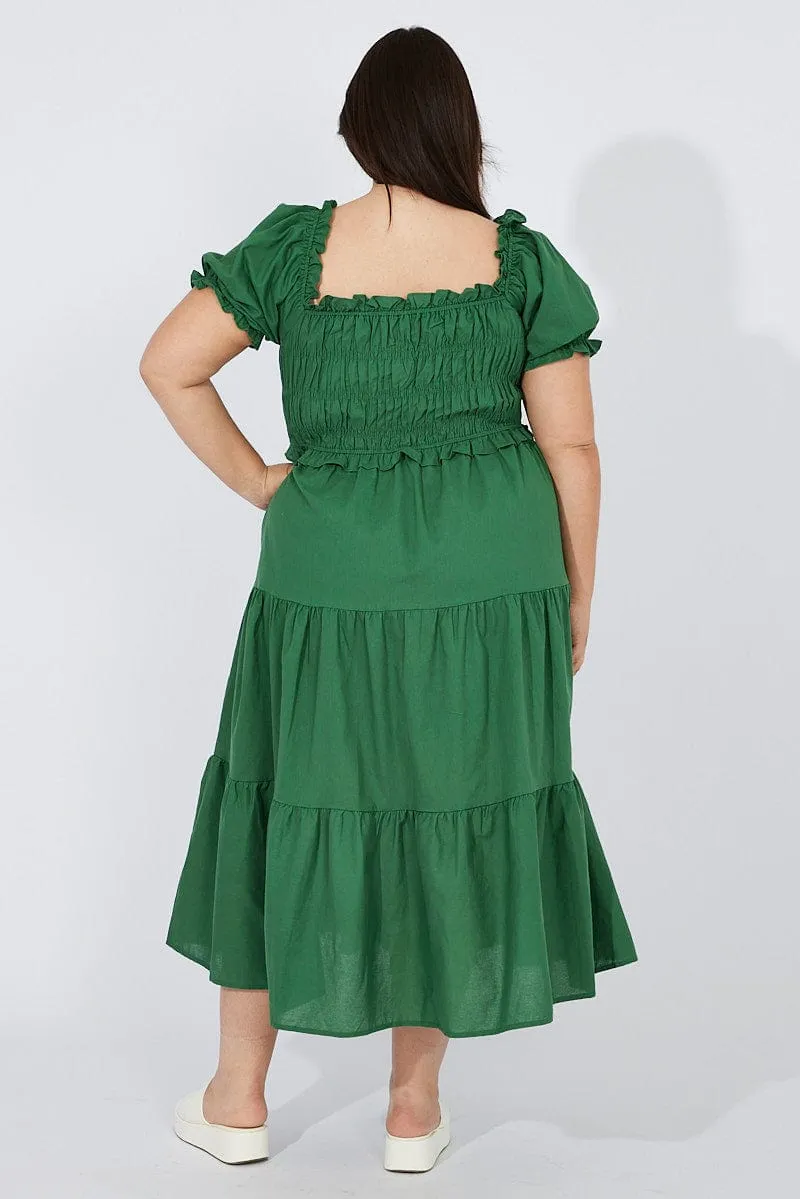 Vintage-inspired knee-length piece Wood Deck Green Midi Dress Short Sleeve Shirred