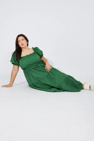 Stylish Essentials Shell Path Green Midi Dress Short Sleeve Shirred