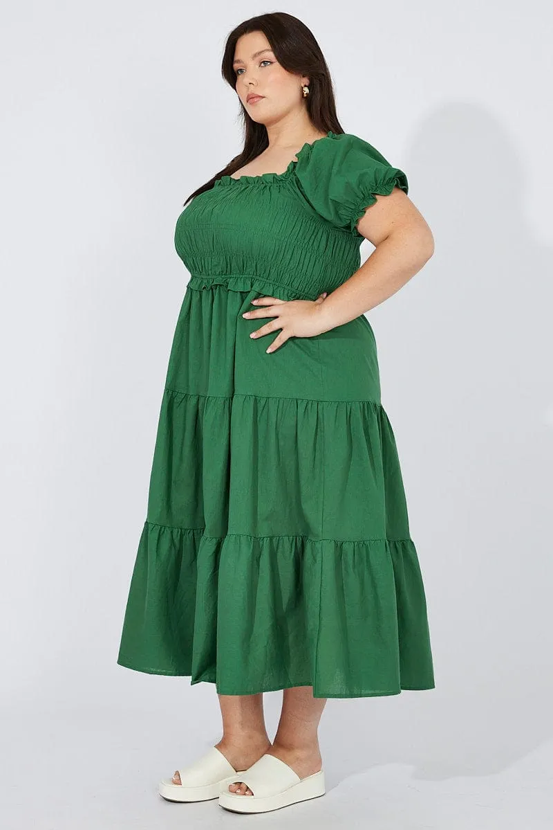 Casual Fashion Soft-touch day dress Green Midi Dress Short Sleeve Shirred
