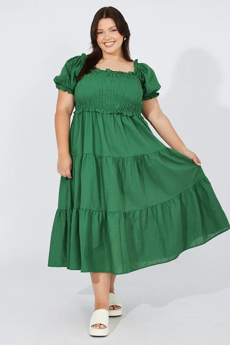 Green Midi Dress Short Sleeve Shirred Statement pattern knee-length dress