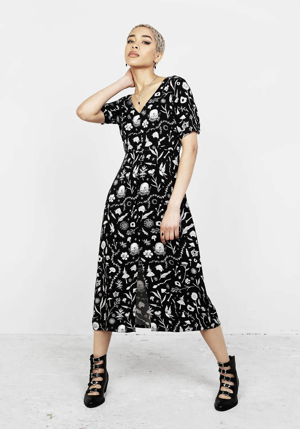 Feminine Appeal HEDGEWITCH V-NECK MIDI DRESS
