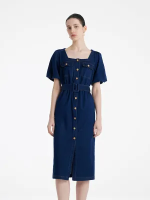 Court Yard Timeless Look Puff Sleeves Square Neck Denim Women Midi Dress With Belt