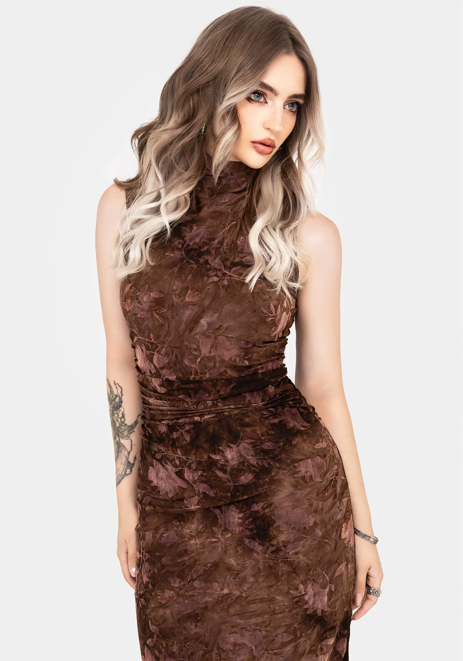 Serenade High Neck Ruched Floral Midaxi Dress Rock Bay Retro Fan