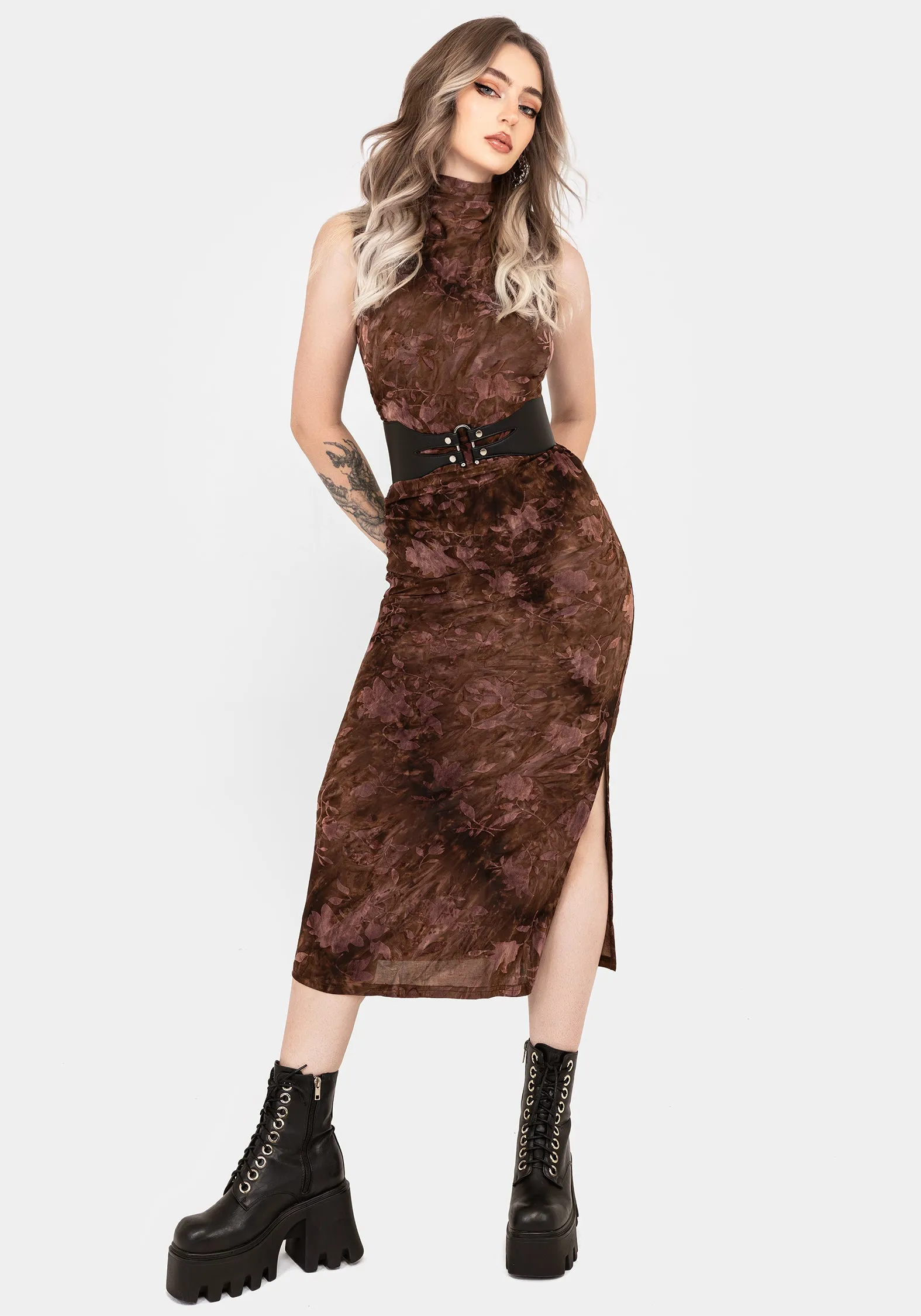 Serenade High Neck Ruched Floral Midaxi Dress Evening Glam