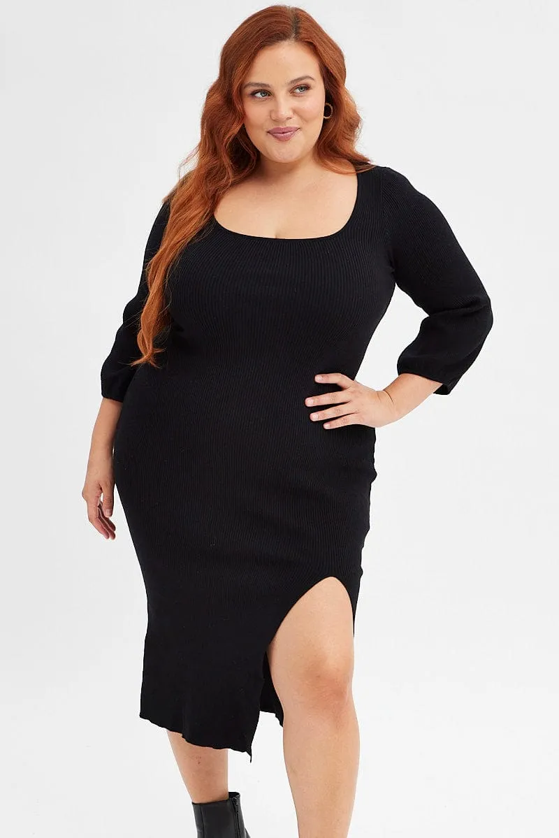 Business Meeting Classic Design Black Midi Dress Long Balloon Sleeve Sexy Split Knit