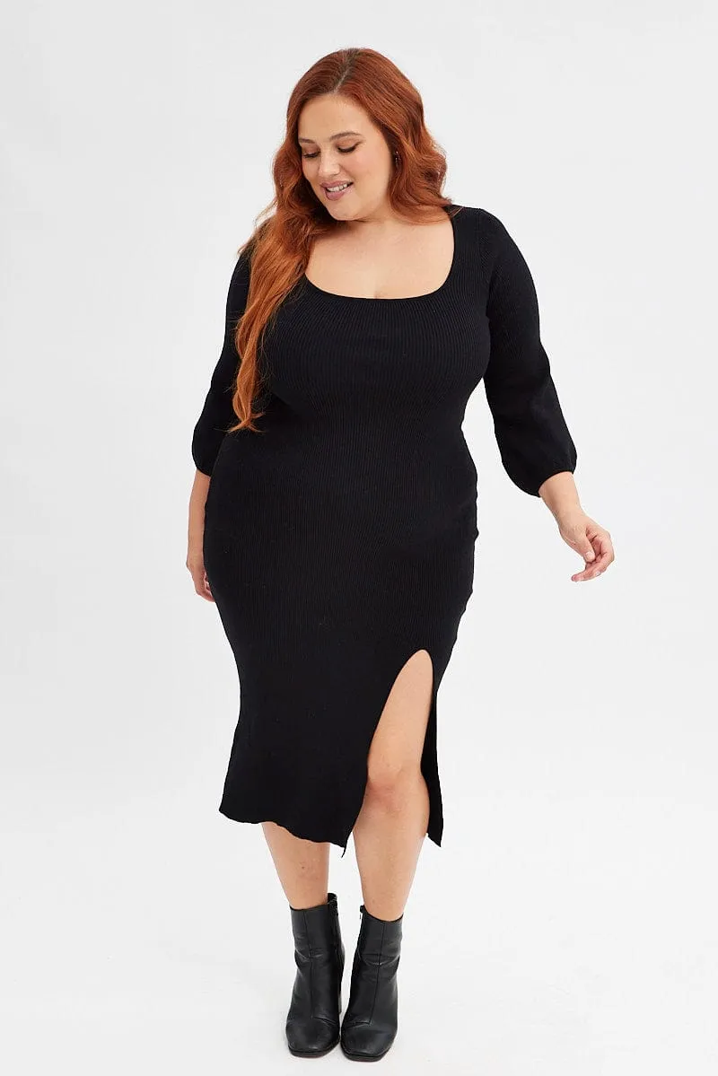 Summer Sun Black Midi Dress Long Balloon Sleeve Sexy Split Knit