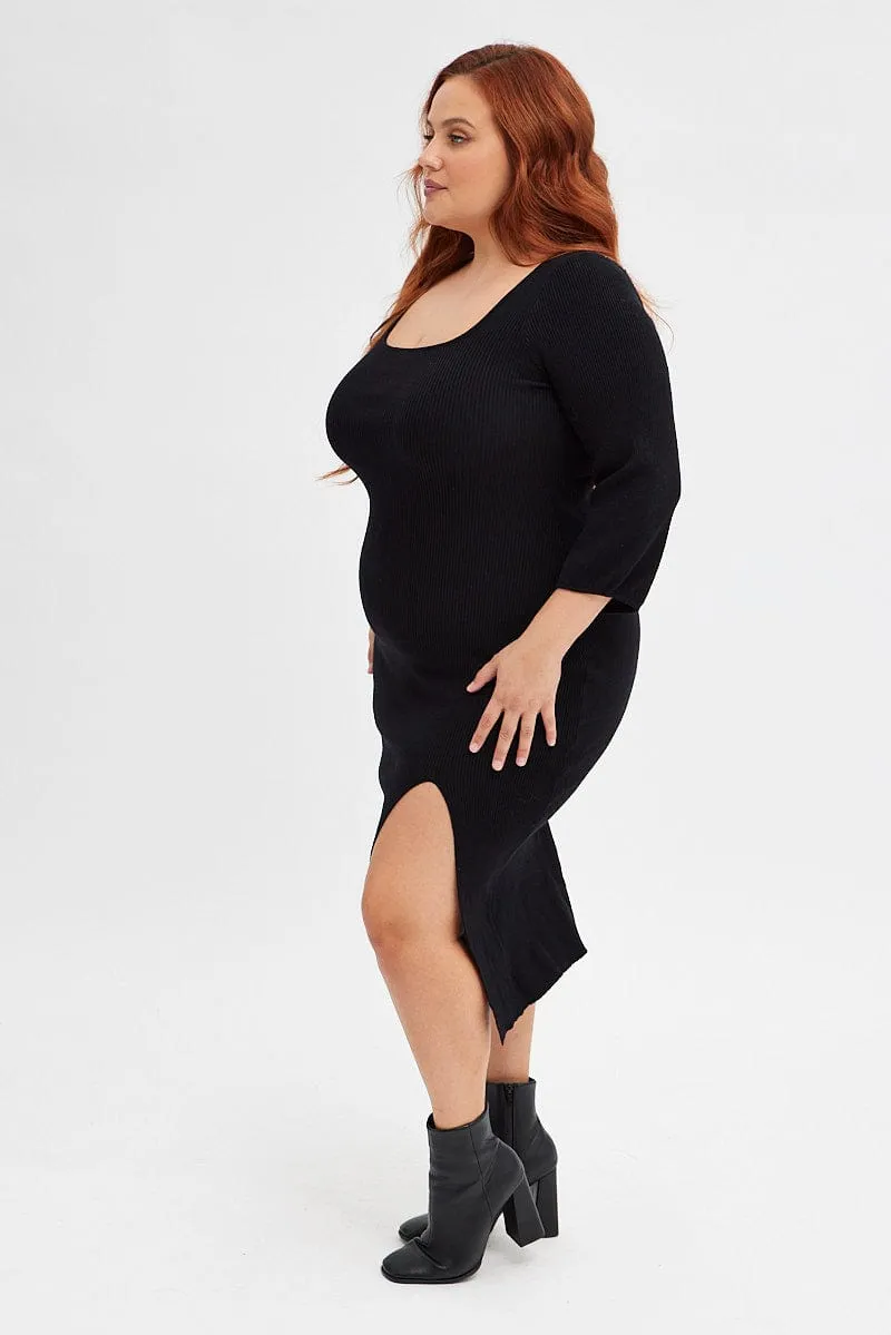 Black Midi Dress Long Balloon Sleeve Sexy Split Knit Relaxed summer midi