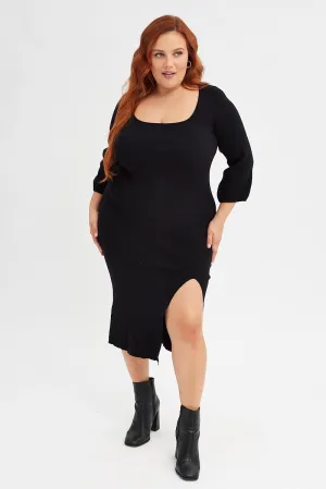 Tea Garden Black Midi Dress Long Balloon Sleeve Sexy Split Knit