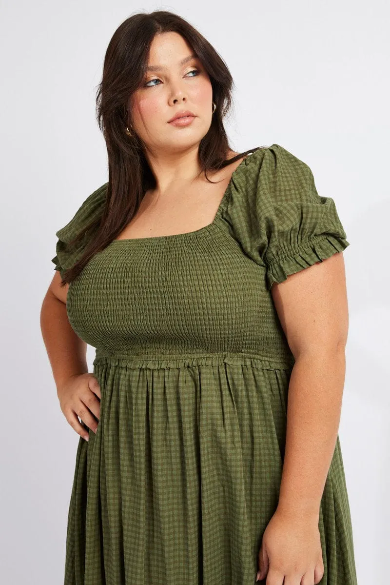 Green Midi Dress Short Sleeve Shirred Rainbow Arc Planet View