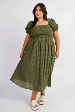 Comfortable casual midi Green Midi Dress Short Sleeve Shirred