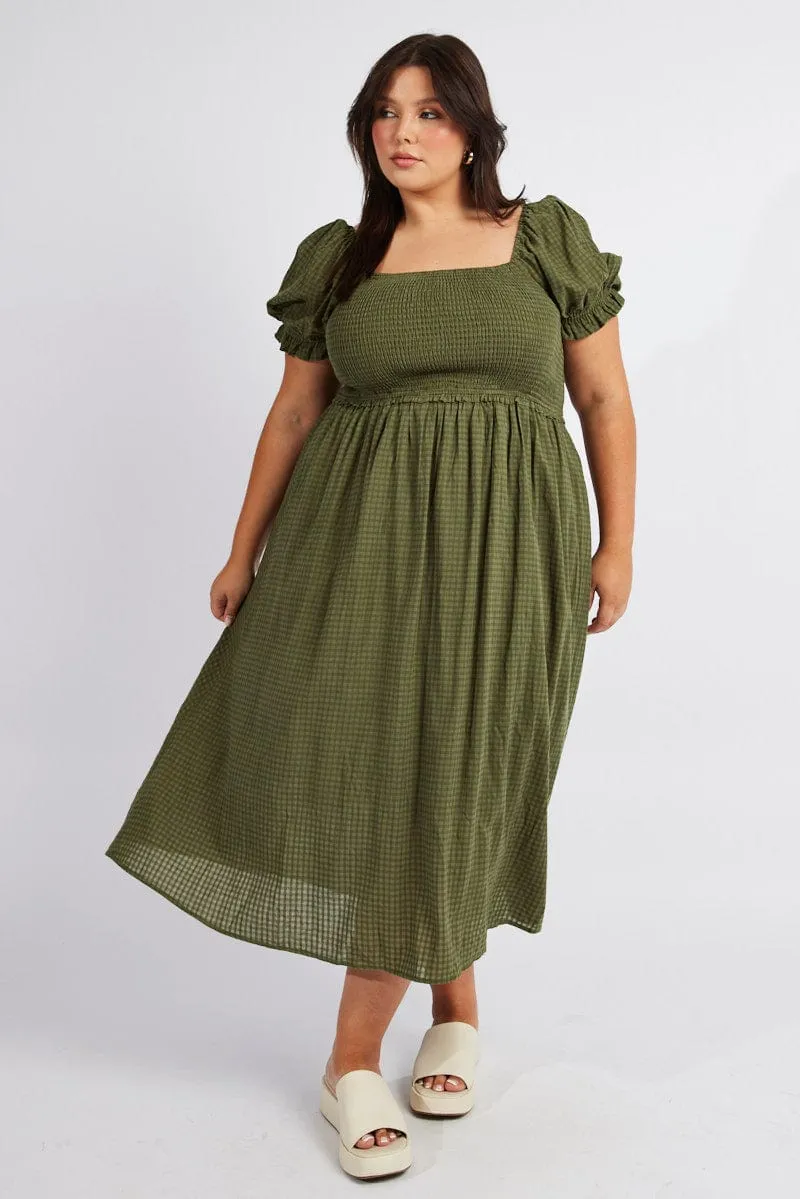 Comfortable casual midi Green Midi Dress Short Sleeve Shirred