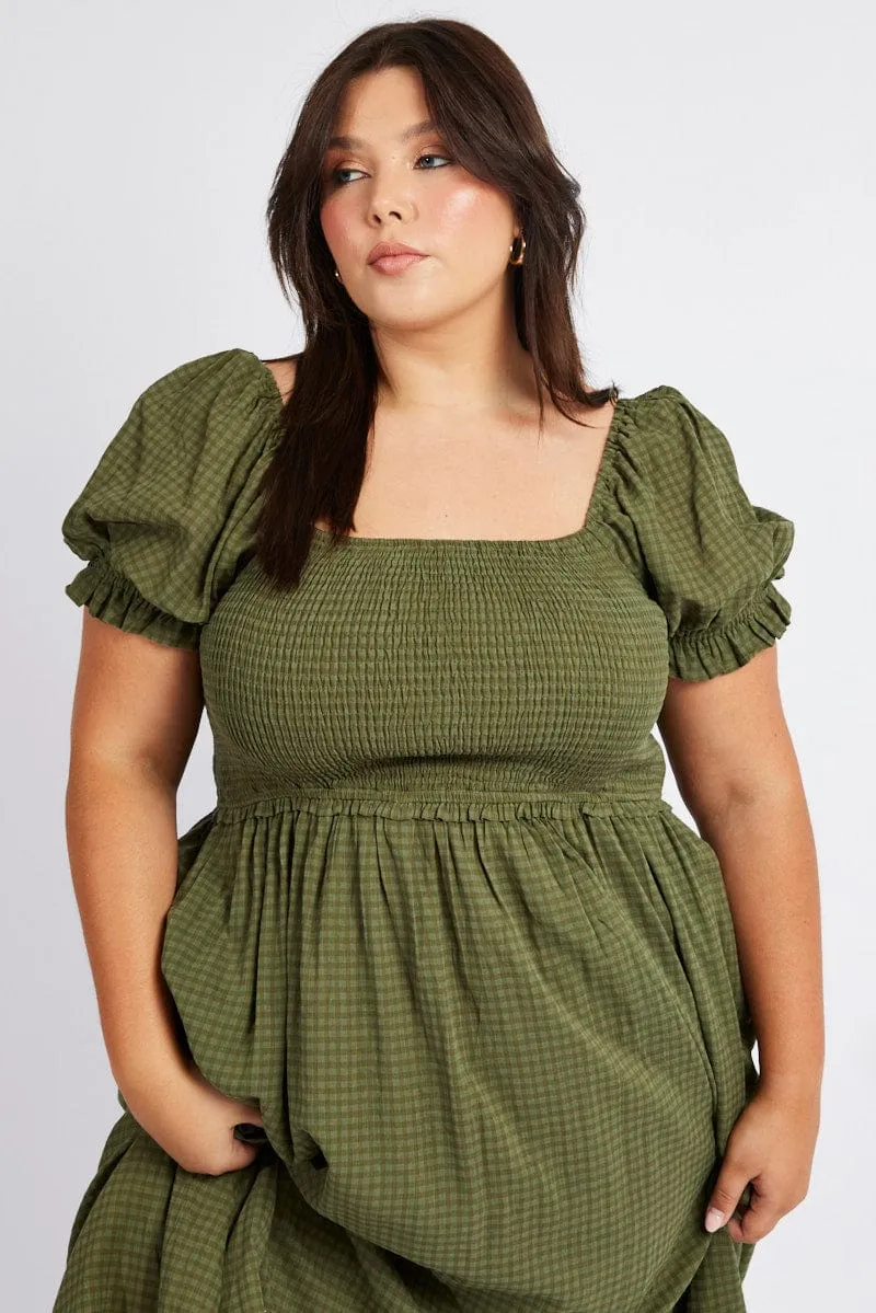 Green Midi Dress Short Sleeve Shirred All Season Wear