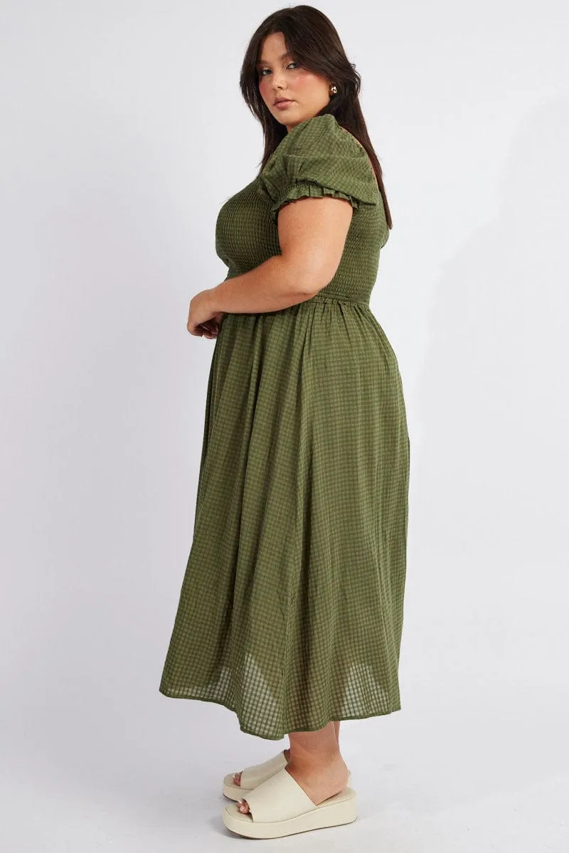Green Midi Dress Short Sleeve Shirred Crisp Wind Castle Gate