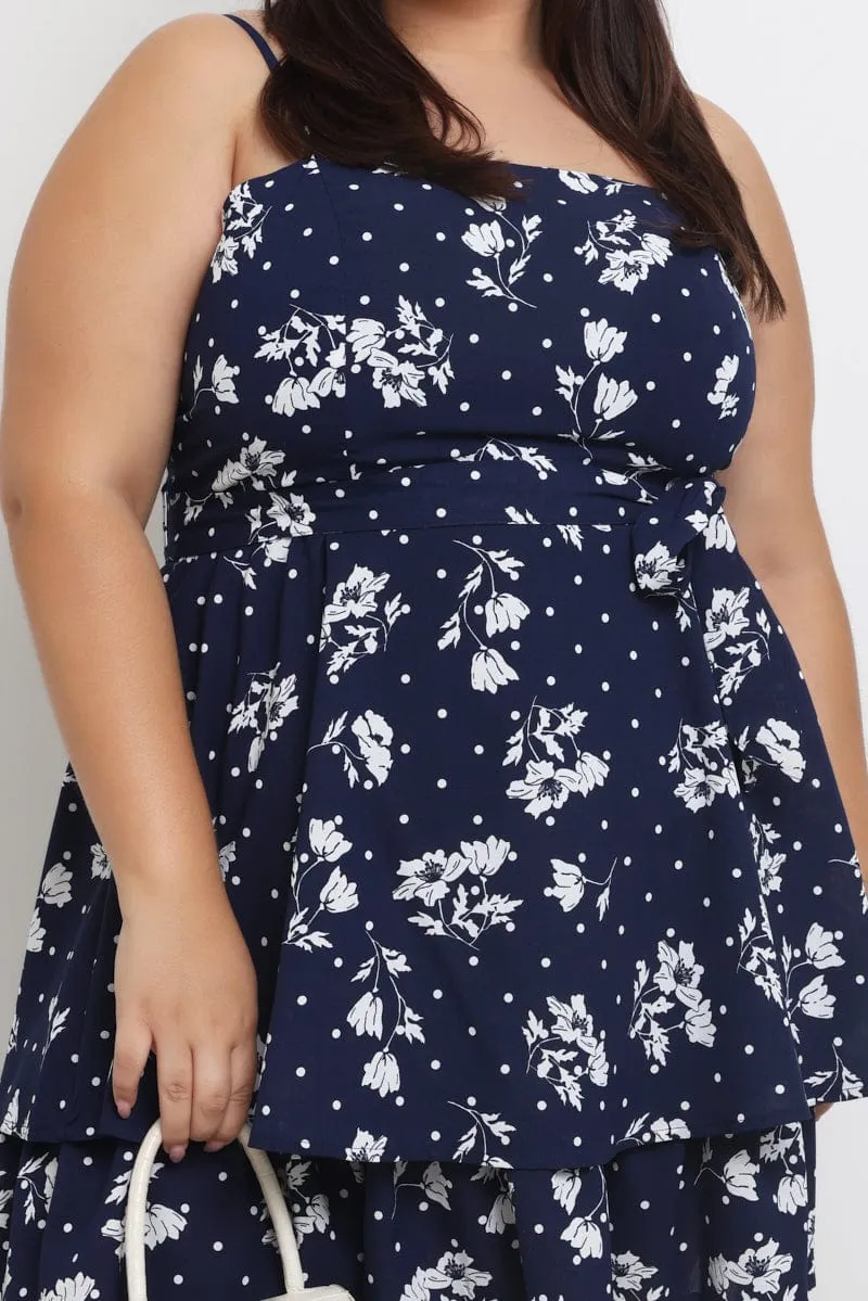 Blue Ditsy Shoestring Strap Flippy Mini Dress Twist Front Draping