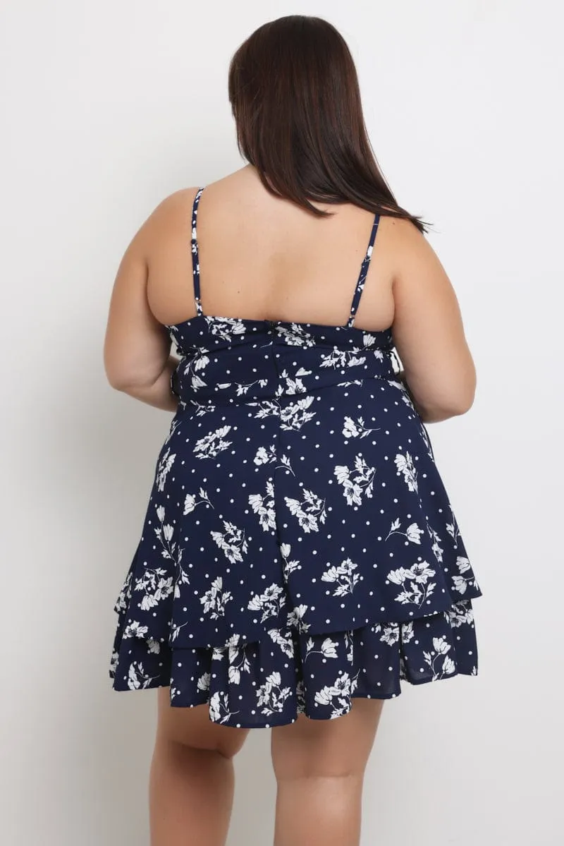 Fashion-forward short dress Light Reflective Blue Ditsy Shoestring Strap Flippy Mini Dress