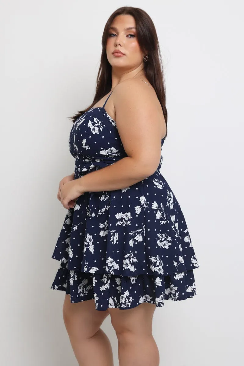 Blue Ditsy Shoestring Strap Flippy Mini Dress Cross Back Support Design