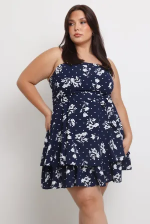 Blue Ditsy Shoestring Strap Flippy Mini Dress Casual Style Wear Soft Touch