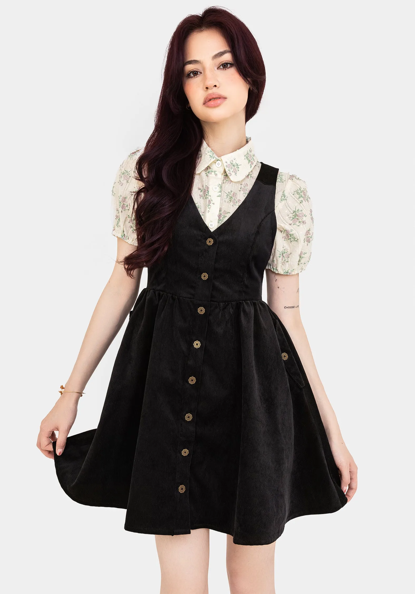 Vibrant Wear Iris Button Up Pinafore Mini Dress
