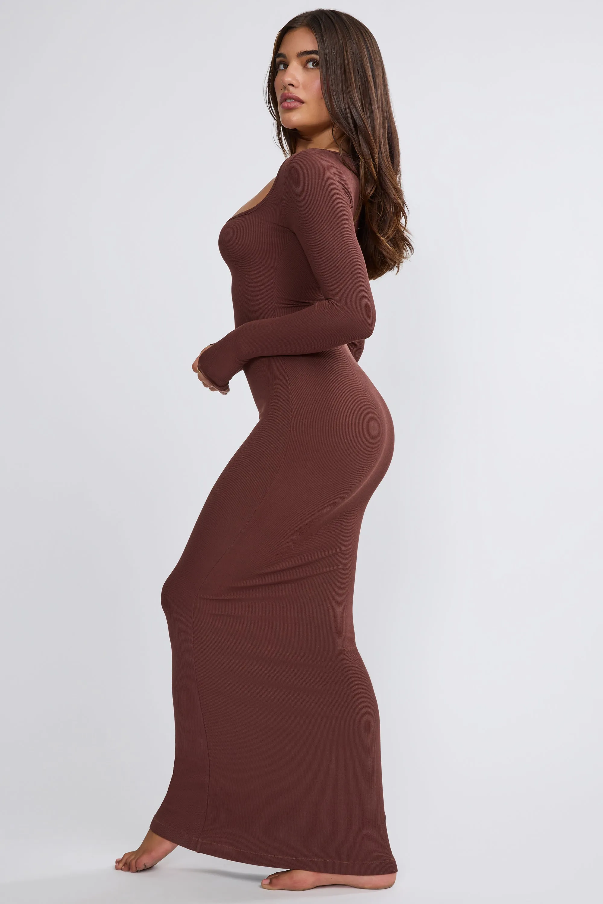 Market Lane Ribbed Modal Long Sleeve Maxi Dress in Chocolate