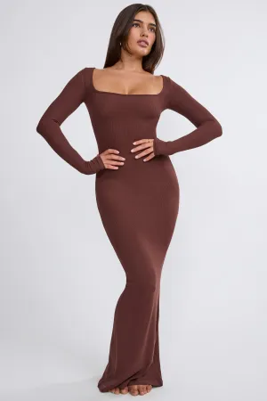 Ribbed Modal Long Sleeve Maxi Dress in Chocolate Belt Tie Red Glow