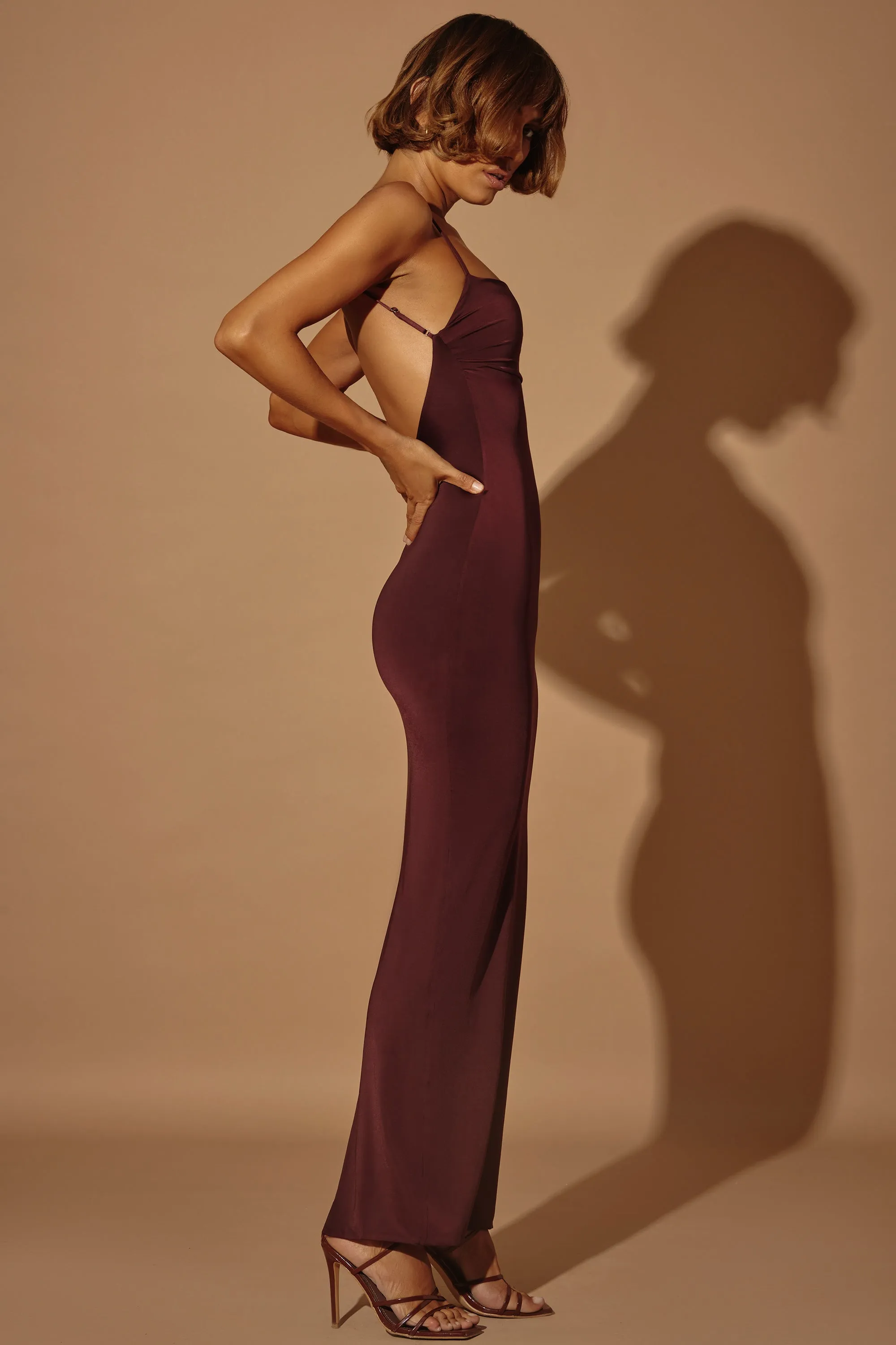Romantic resort wear Ruched Bodycon Maxi Dress in Brown