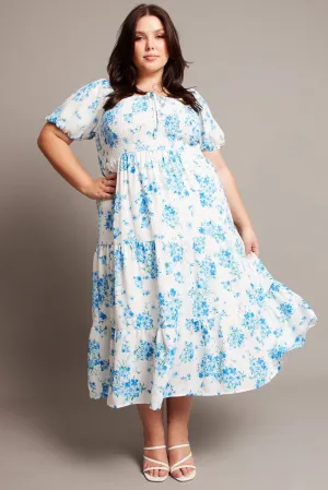 Spring Festival Blue Floral Midi Dress Short Sleeve Shirred