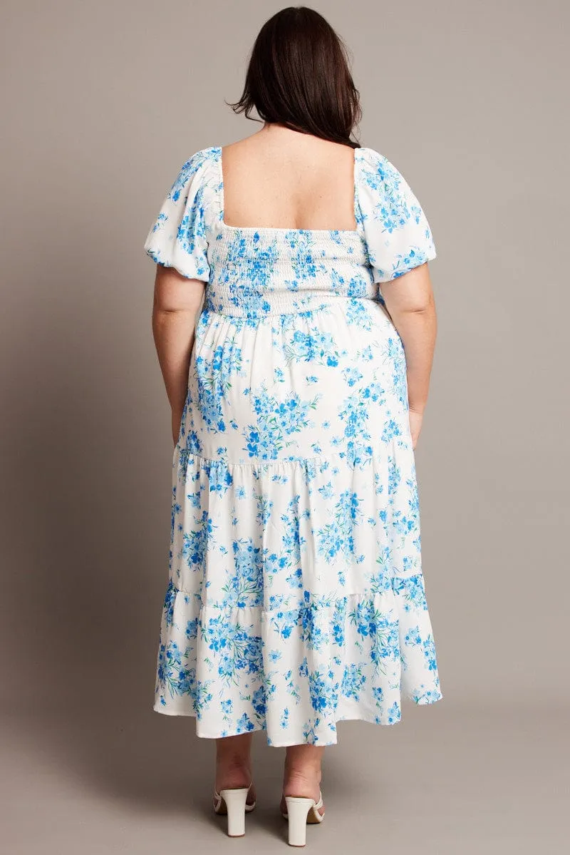 Blue Floral Midi Dress Short Sleeve Shirred Perfect holiday dress Friend Wedding