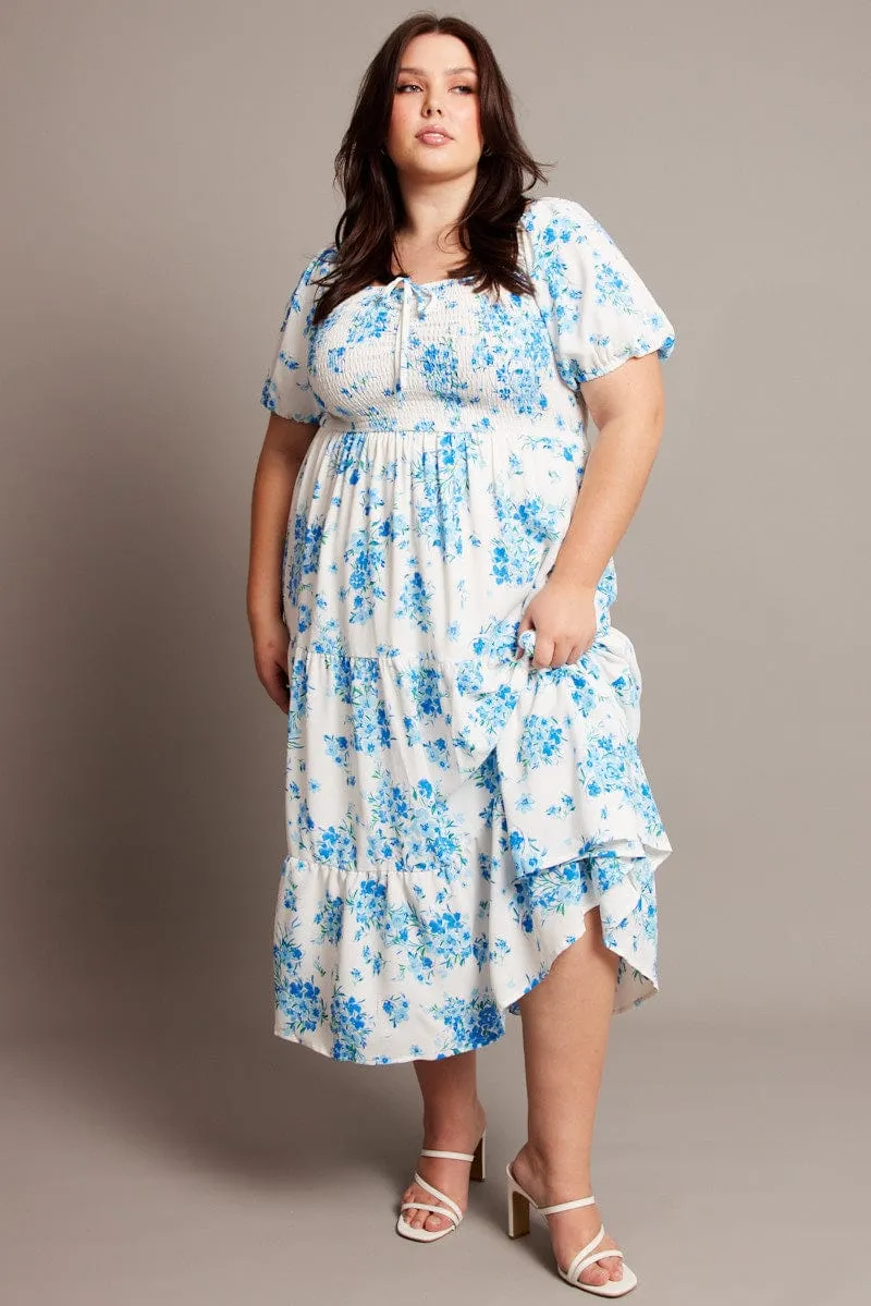 Blue Floral Midi Dress Short Sleeve Shirred Timelessly stylish midi Sophisticated Comfort