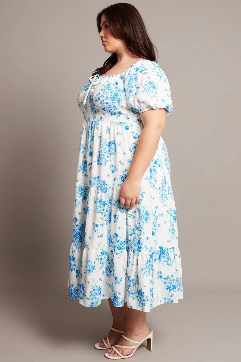 Bright Ray Modern Muse Blue Floral Midi Dress Short Sleeve Shirred