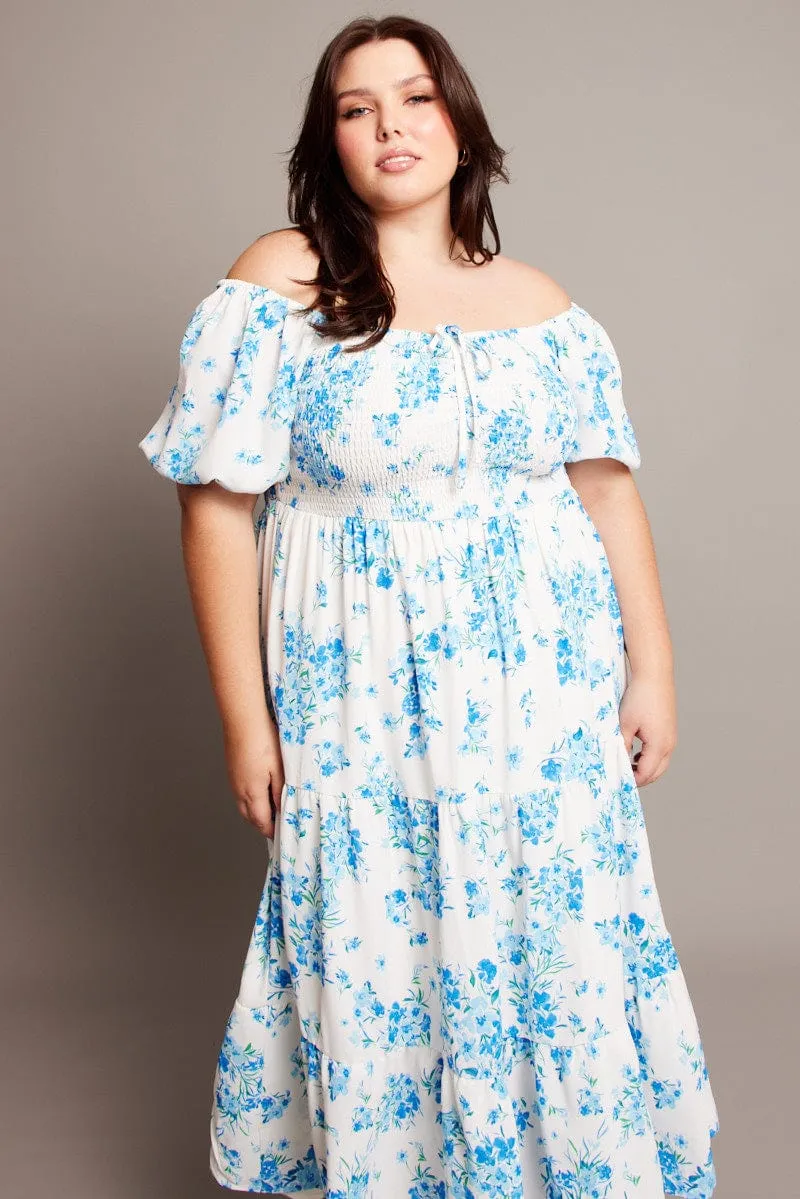 Soft Grace Blue Floral Midi Dress Short Sleeve Shirred