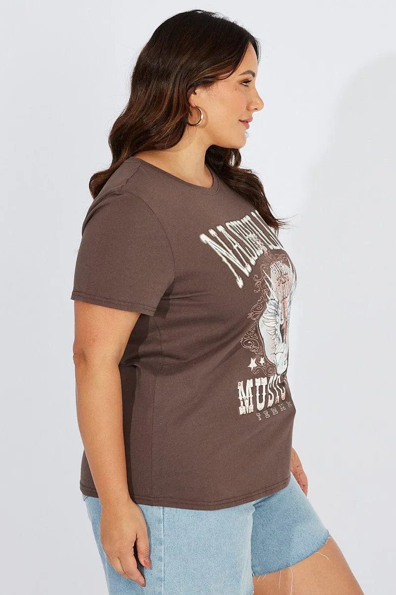 Brown Graphic T-shirt Short Sleeve Crew Neck Breathable Yarn Composition Sports Outfit