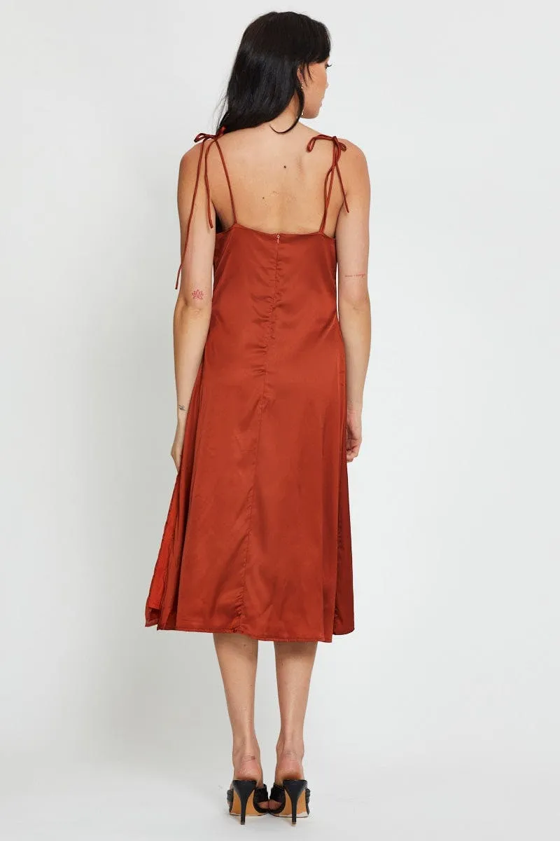 Brown Slip Dress Maxi Satin Grain Gold