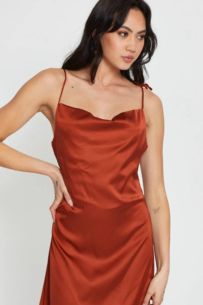 The lightweight fabric of this dress ensures it is breathable and comfortable in any weather Emerald Shine Brown Slip Dress Maxi Satin