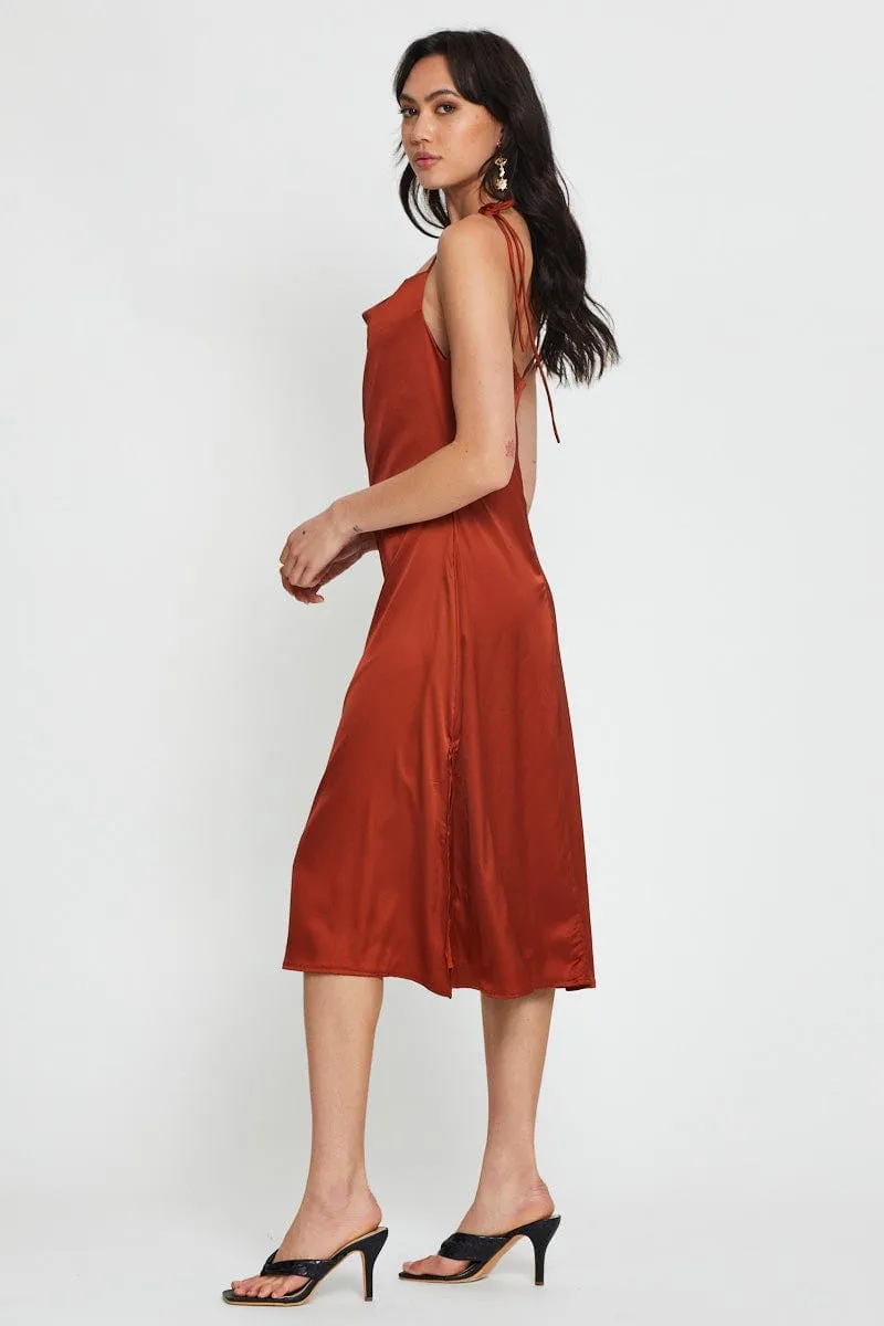 Autumn Tone Brown Slip Dress Maxi Satin
