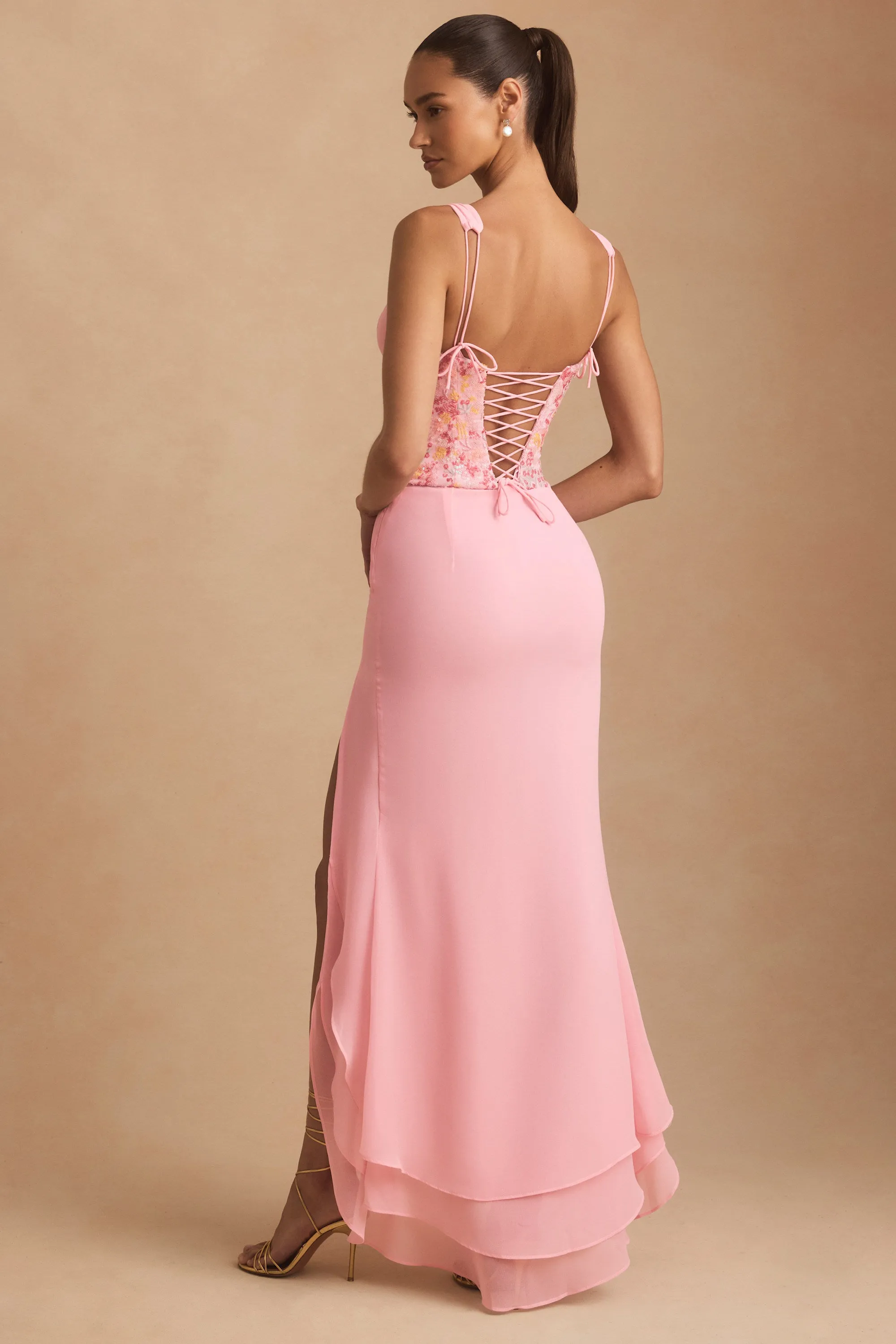Abstract art Embellished Plunge Ruffled Corset Maxi Dress in Pink
