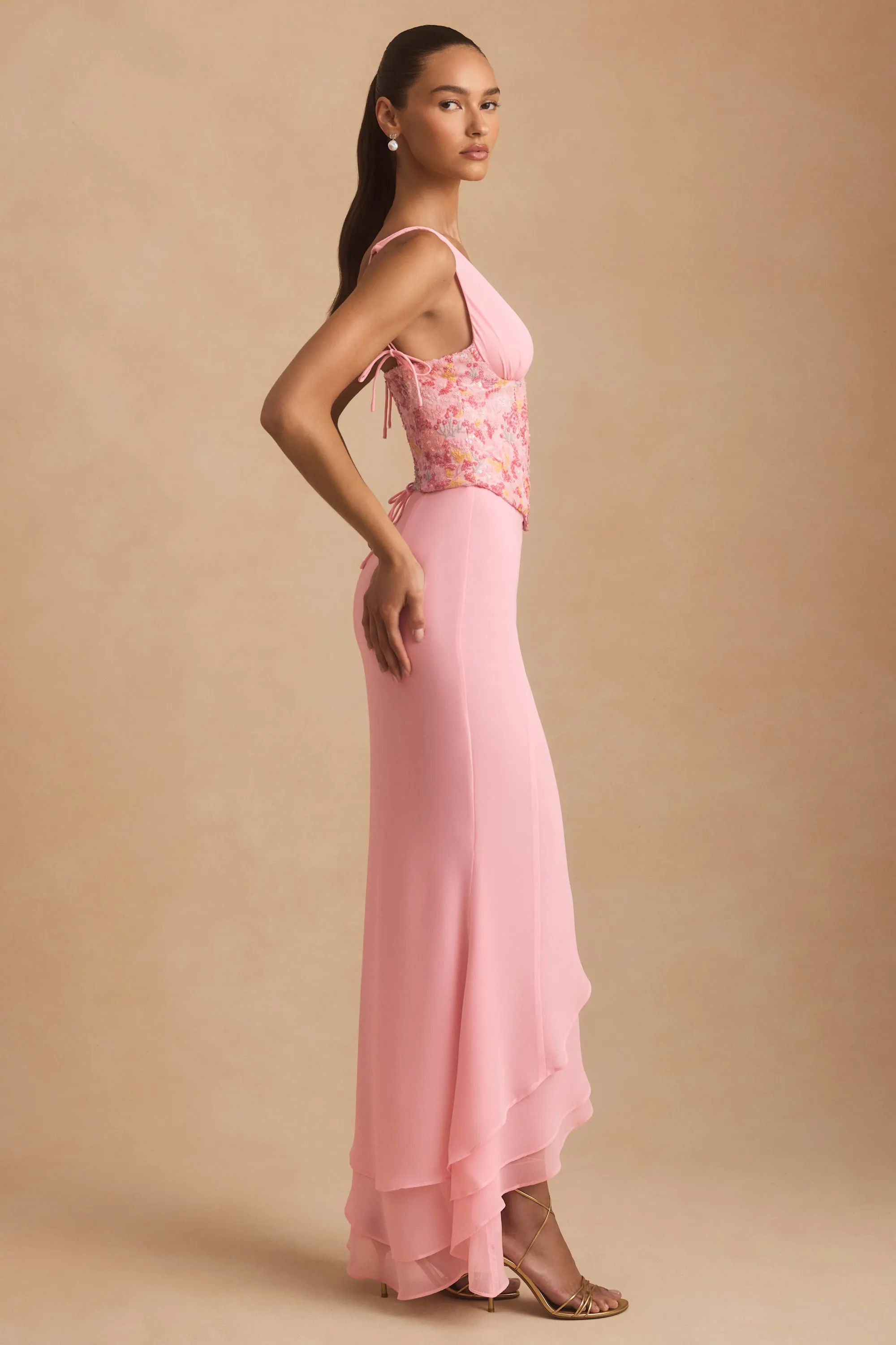 Open Back Dot Play Embellished Plunge Ruffled Corset Maxi Dress in Pink