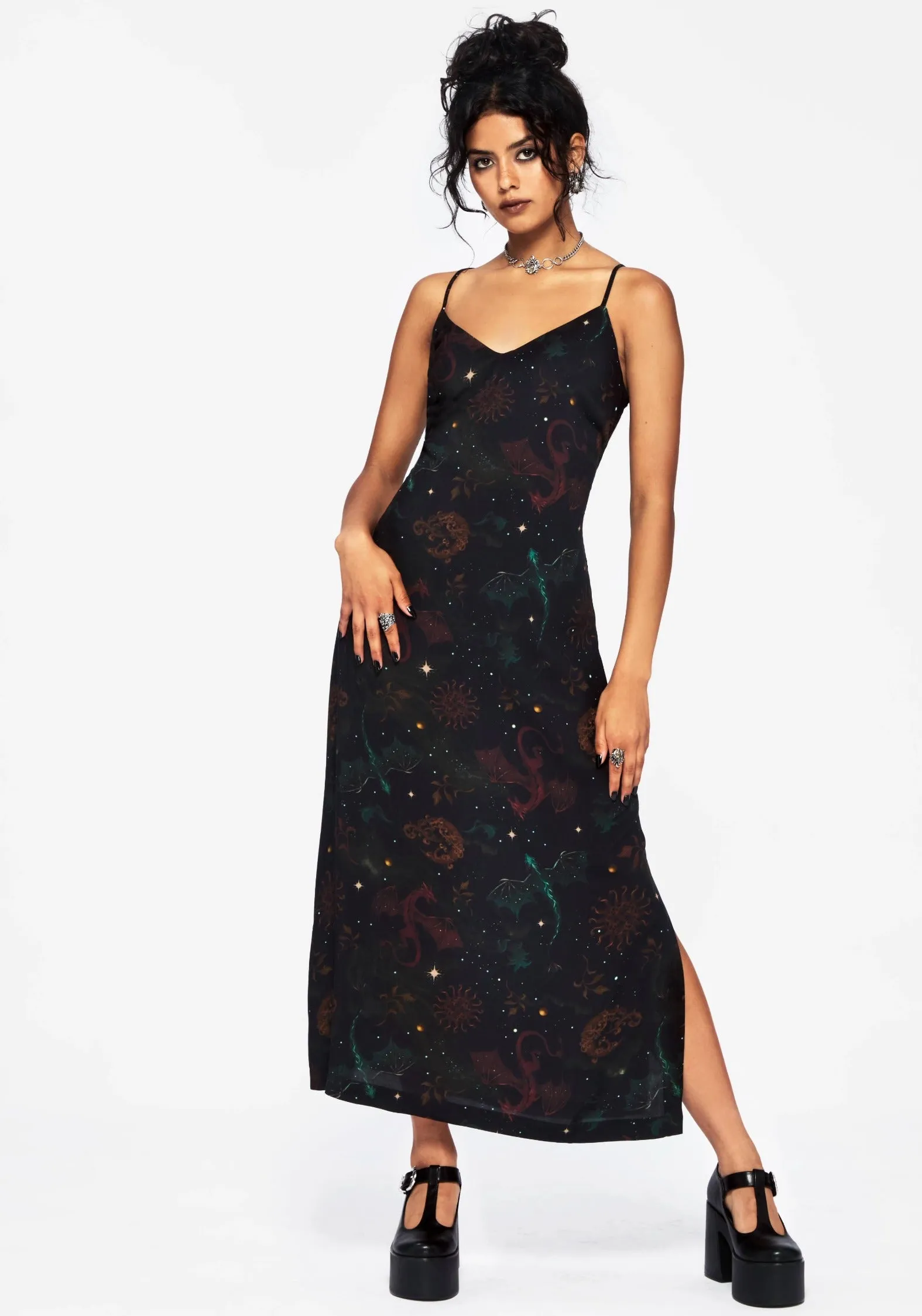 Sleek And Stylish Quick Layer Phoenix Dragon Printed Cami Midi Dress
