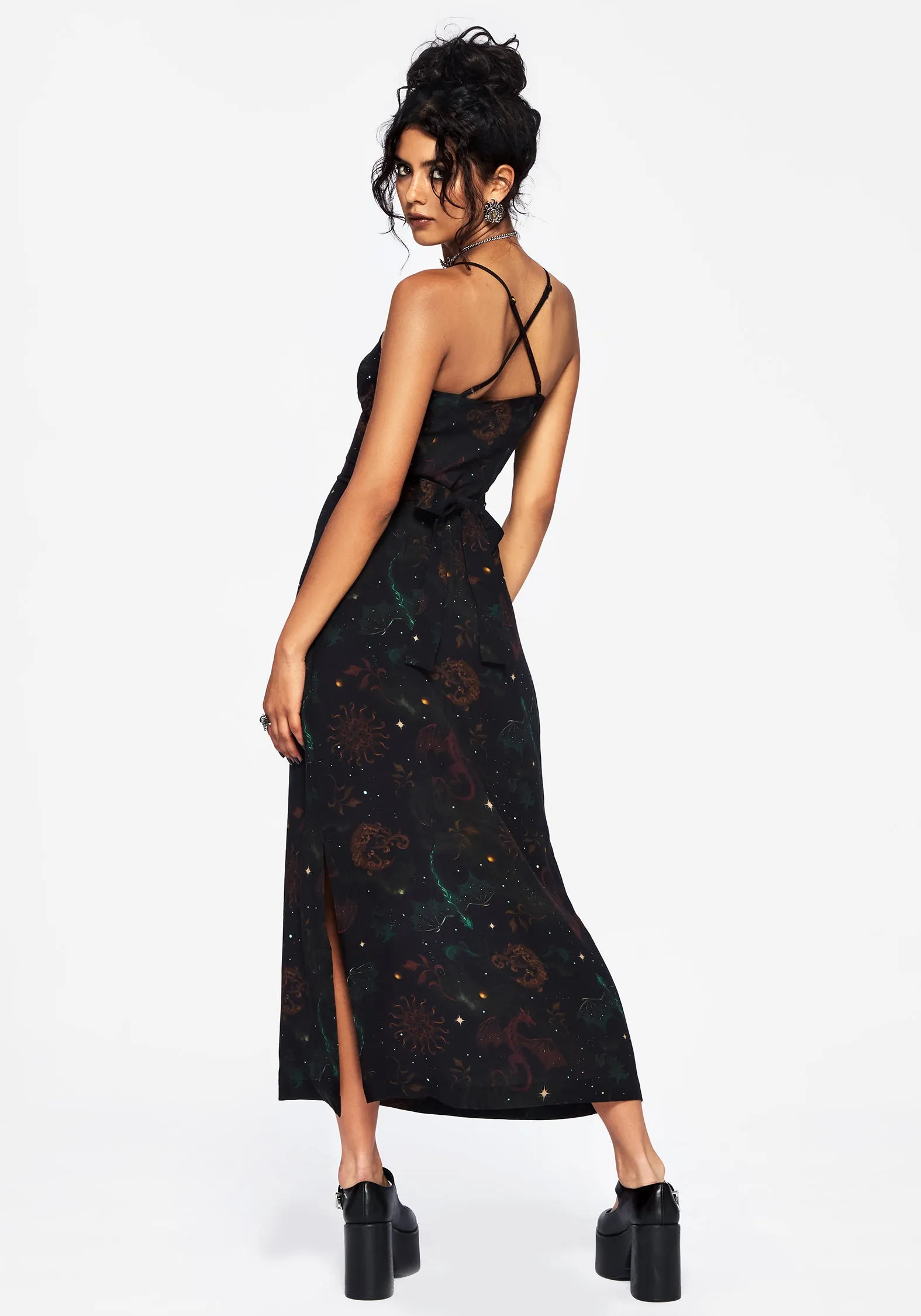 Busy Mom Phoenix Dragon Printed Cami Midi Dress