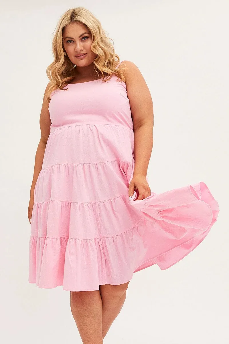 Pink Midi Dress Strappy Tiered Cotton Feminine Elegance