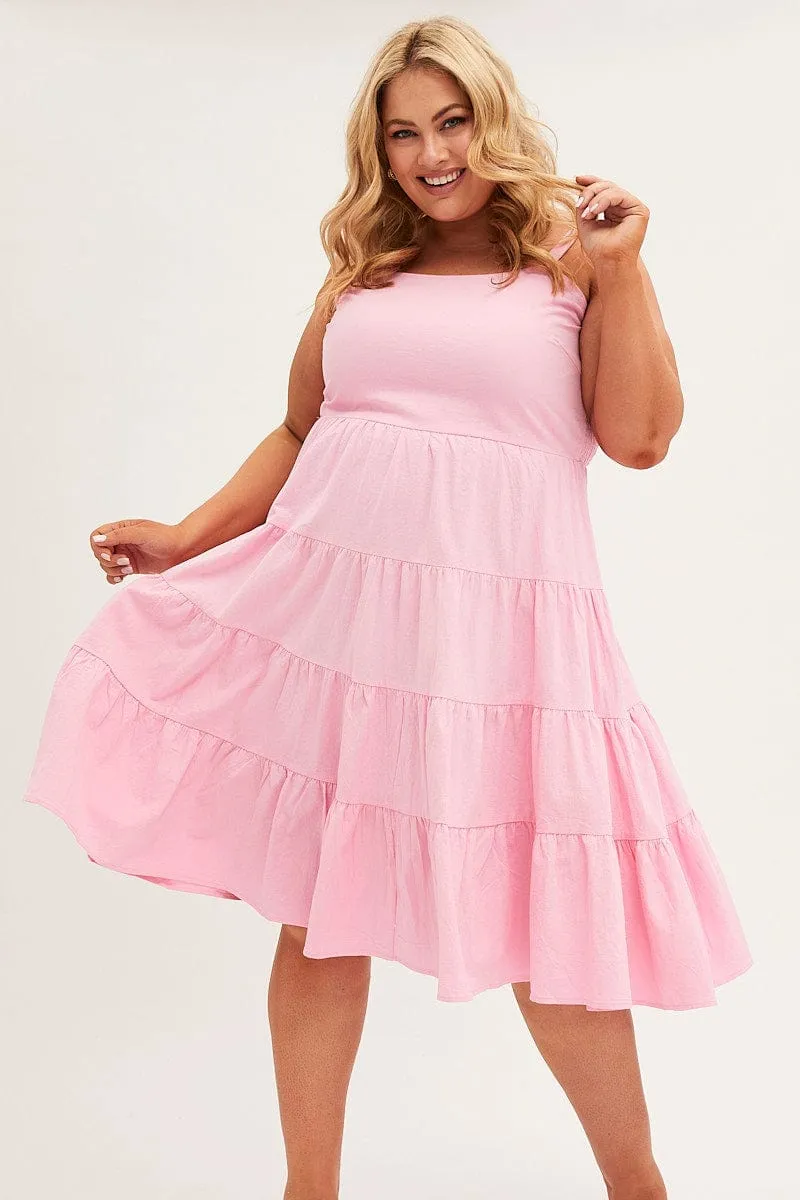 Contemporary Style Air Comfort Pink Midi Dress Strappy Tiered Cotton