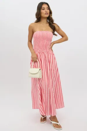 Print Allover Pink Stripe Strapless Maxi Dress